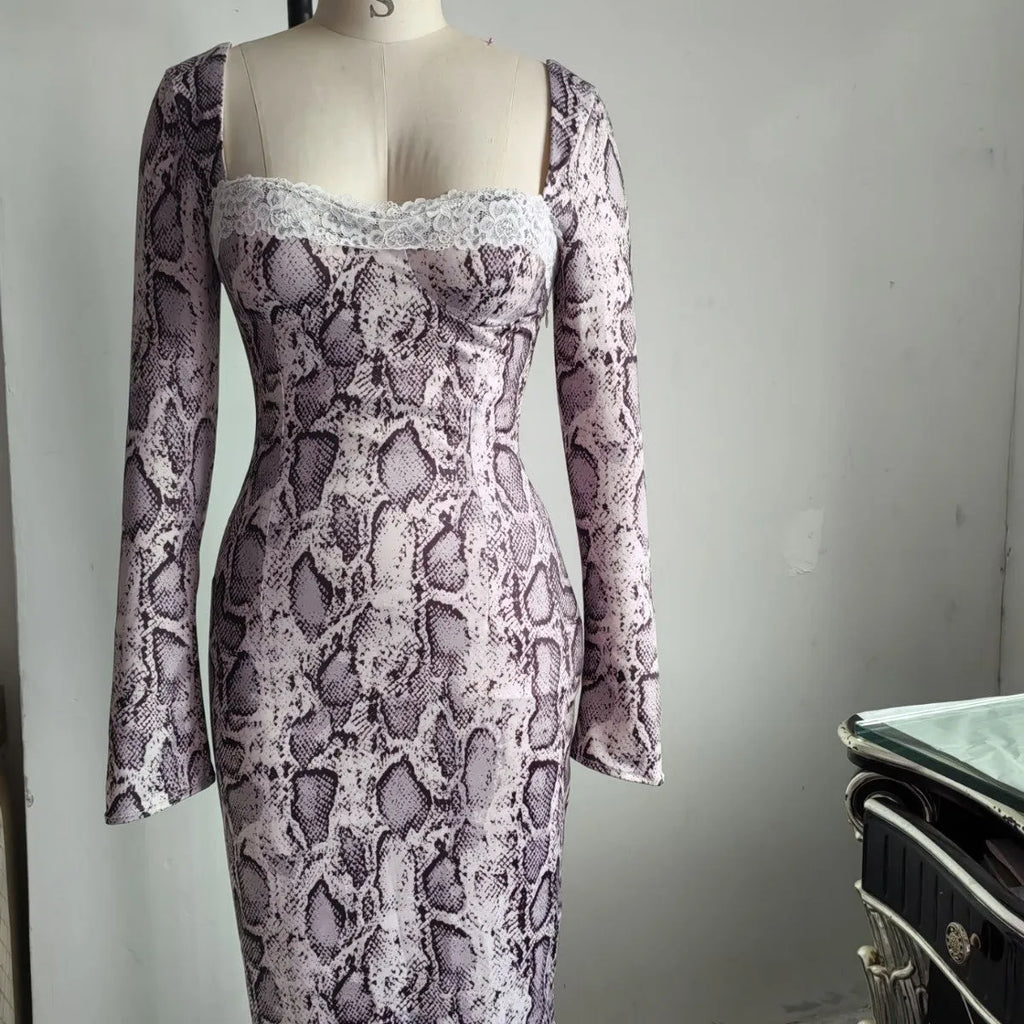 Grey women's slim fit lace dress with 3D printed pattern and long sleeves
