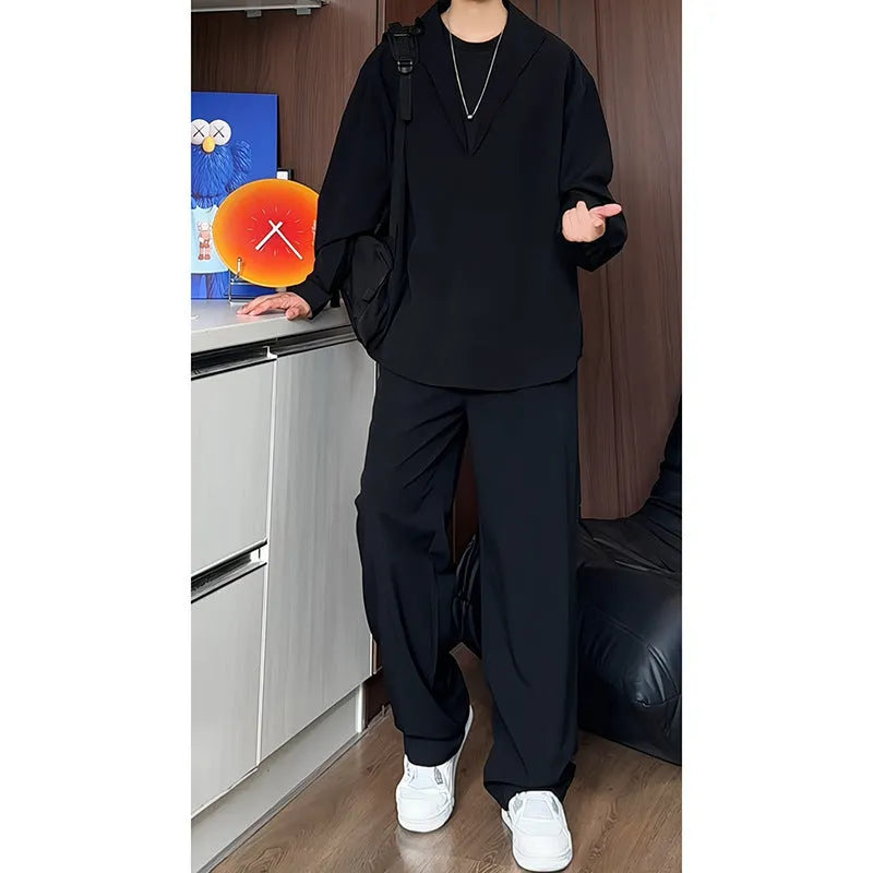 Men's black slim fit long sleeve polo shirt and trousers two-piece casual suit set