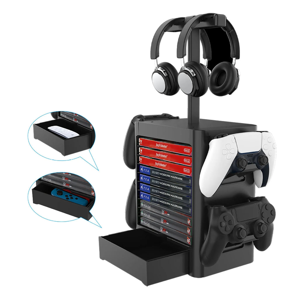 Black ABS game controller and headphone storage rack with side hooks and a bottom drawer.