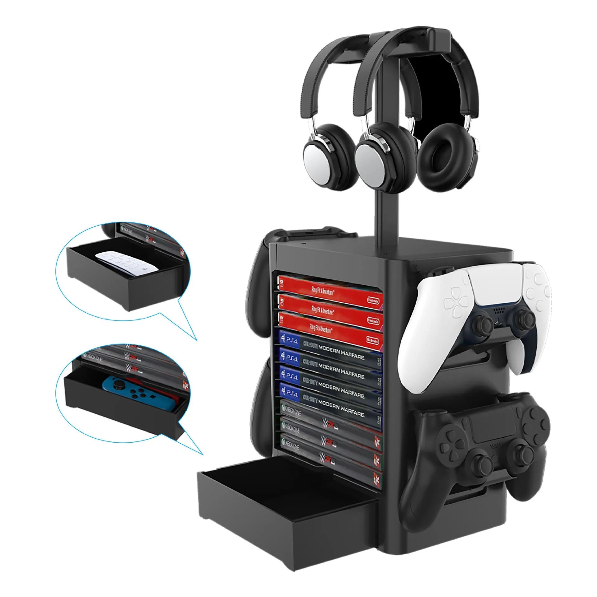 Black ABS game controller and headphone storage rack with side hooks and a bottom drawer.