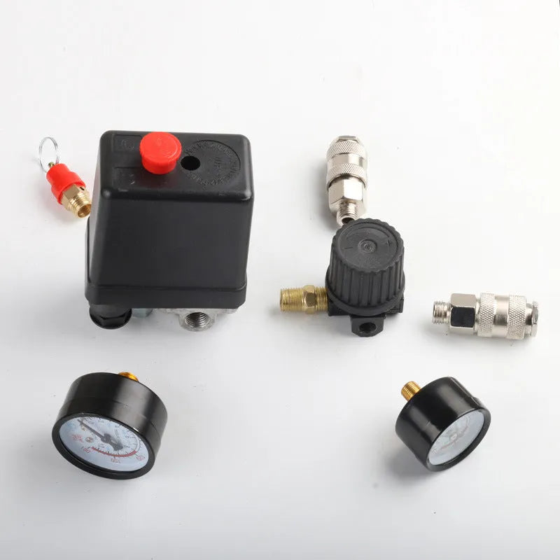 Air compressor pressure regulating valve assembly with pressure gauge and electrical connections