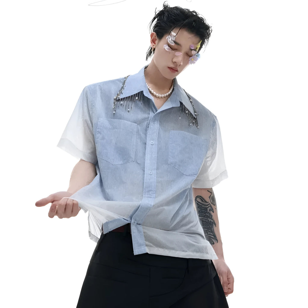 Men's blue and white gradient loose-fit short sleeve shirt on a hanger