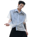 Men's blue and white gradient loose-fit short sleeve shirt on a hanger