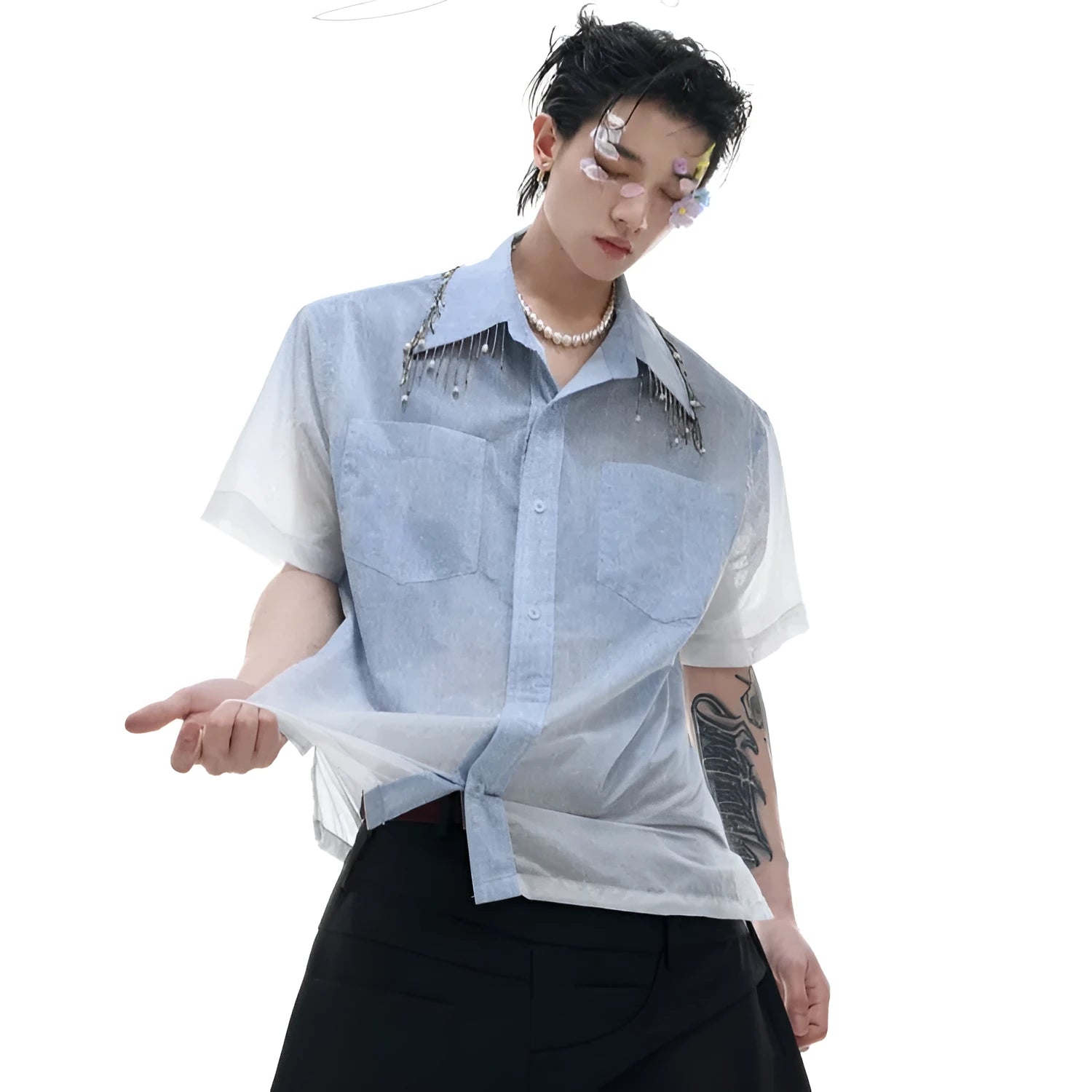 Men's blue and white gradient loose-fit short sleeve shirt on a hanger