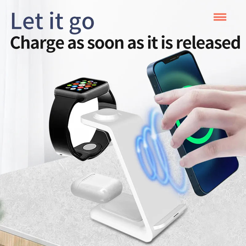 White 3-in-1 wireless charger stand with upright phone holder and dual-coil charging pad