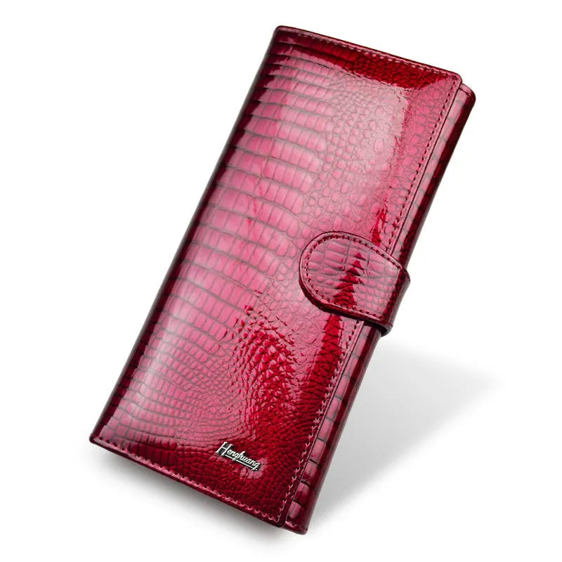 Women's genuine leather coin purse with patent leather crocodile pattern in red colour