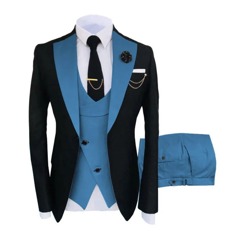 Men's slim fit three-piece business suit with coat, vest, and trousers in cotton fabric.