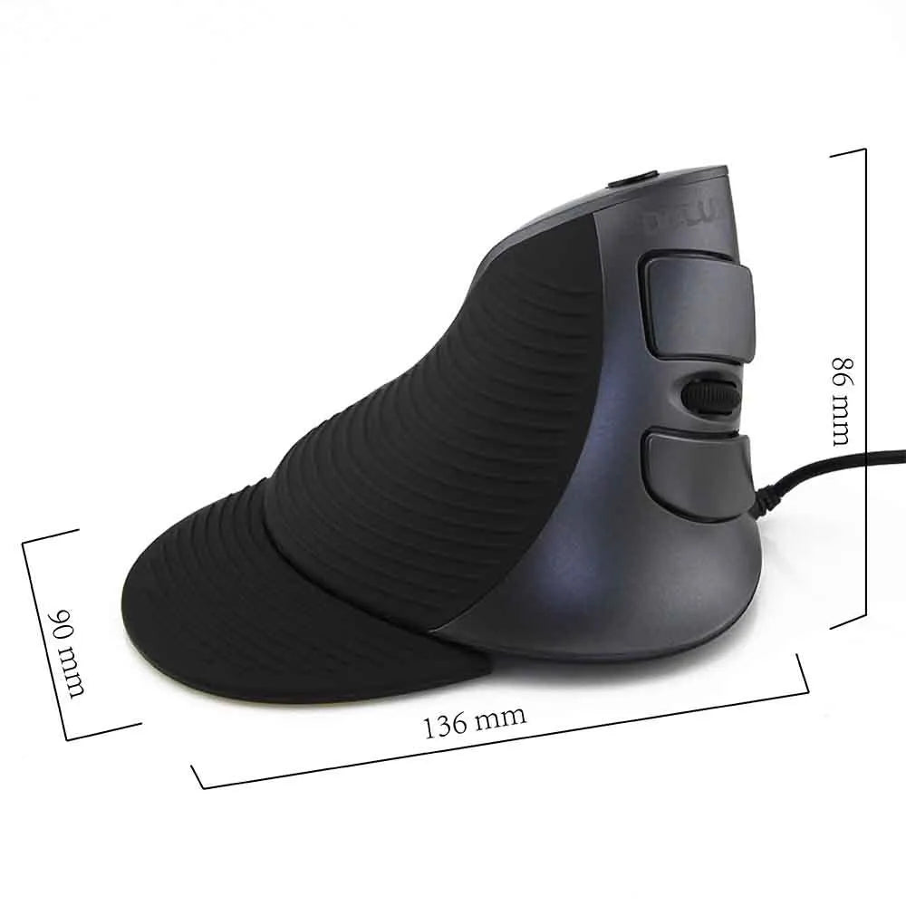 Black vertical ergonomic computer mouse showing contoured shape for right-handed use with USB cable