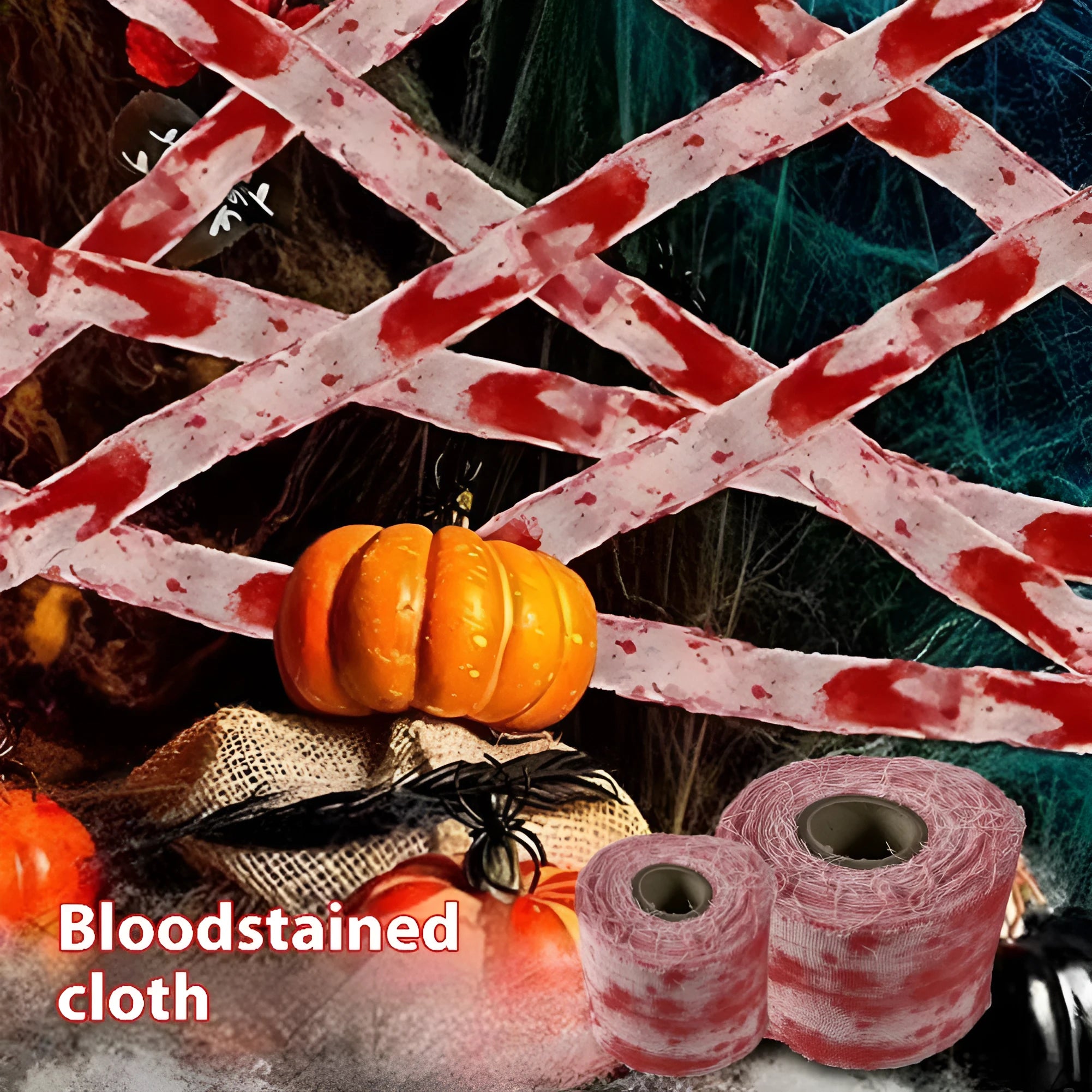 Blood red polyester Halloween bandage roll showing 8cm width, horror costume accessory for mummy wraps
