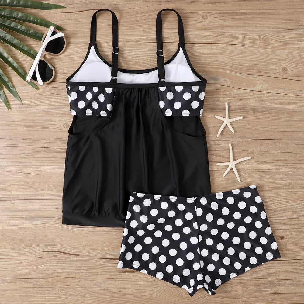 Women's split printed polka dot boxer swimsuit in high waist brief style