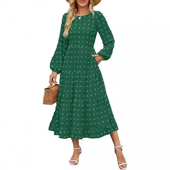 Beige long sleeve casual dress with ruffled sleeves, high waist, and round neck on a hanger.