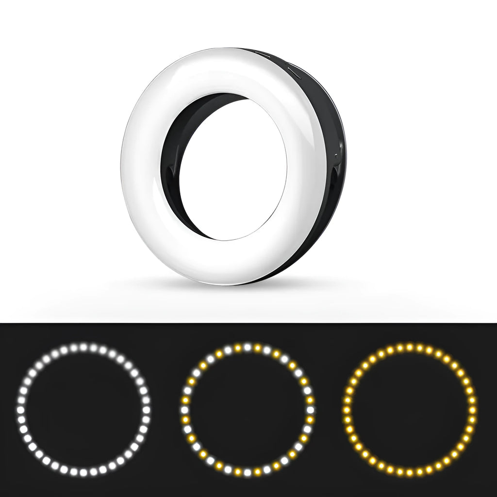 Black USB rechargeable selfie ring light for mobile phone photography with adjustable brightness