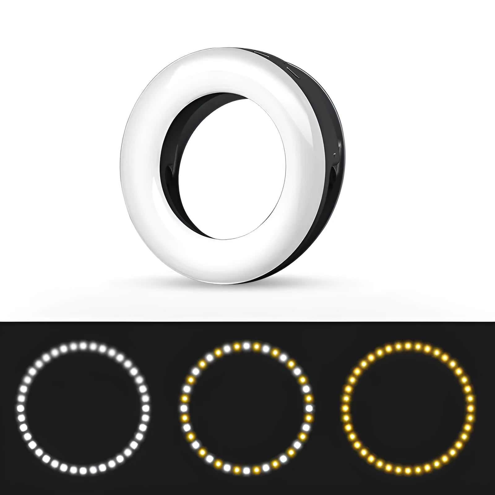 Black USB rechargeable selfie ring light for mobile phone photography with adjustable brightness