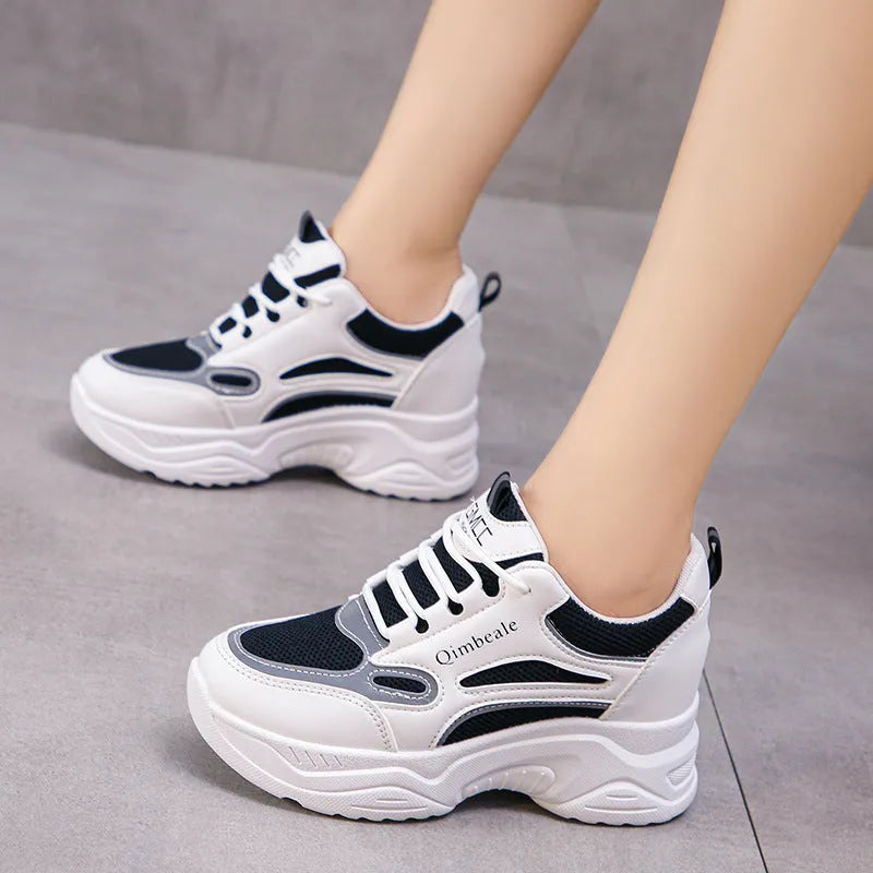 White height-increasing dad shoes mesh PU upper wedge heel 6-8cm platform casual sneakers