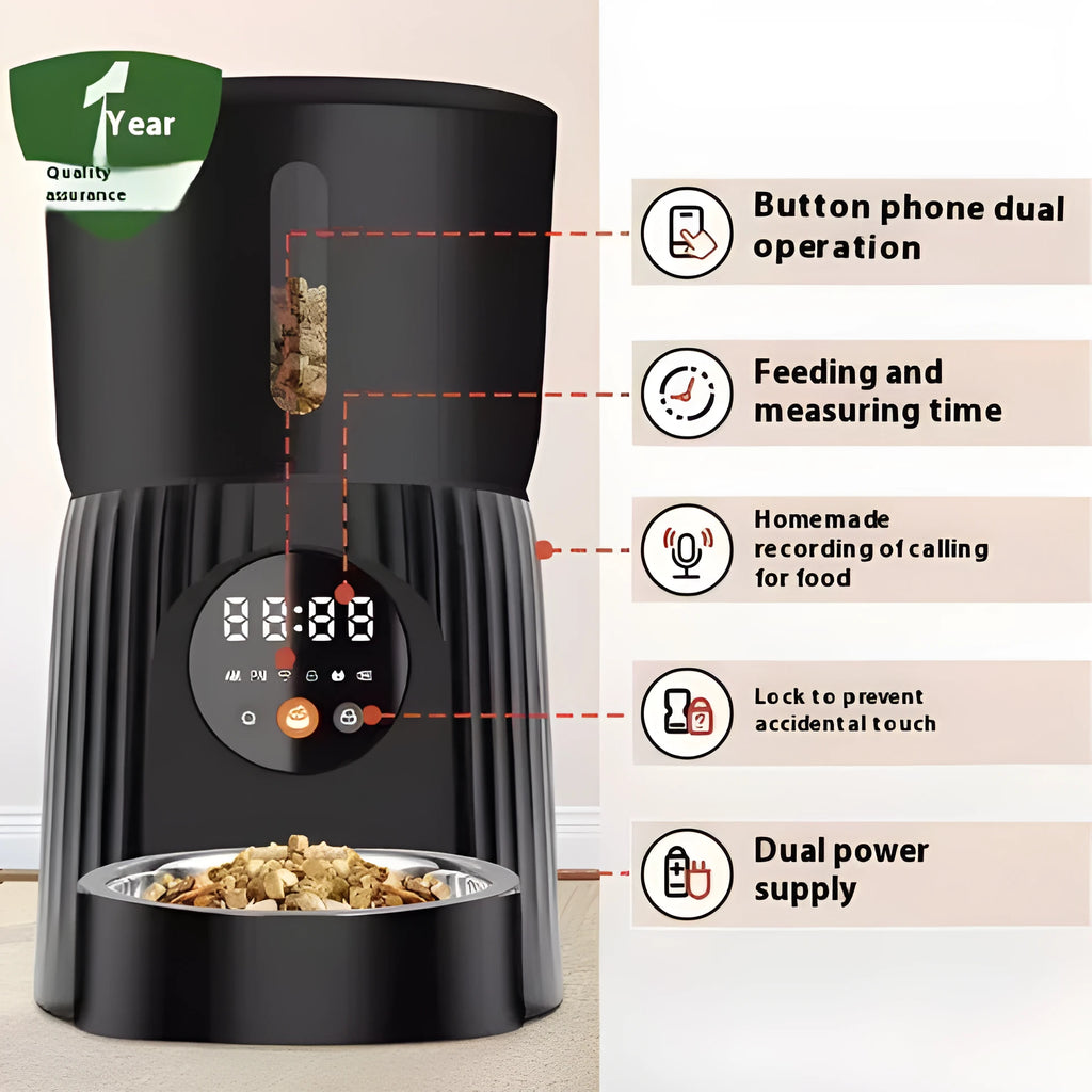 Intelligent automatic pet feeder with timer display and food reservoir in black or white colour options