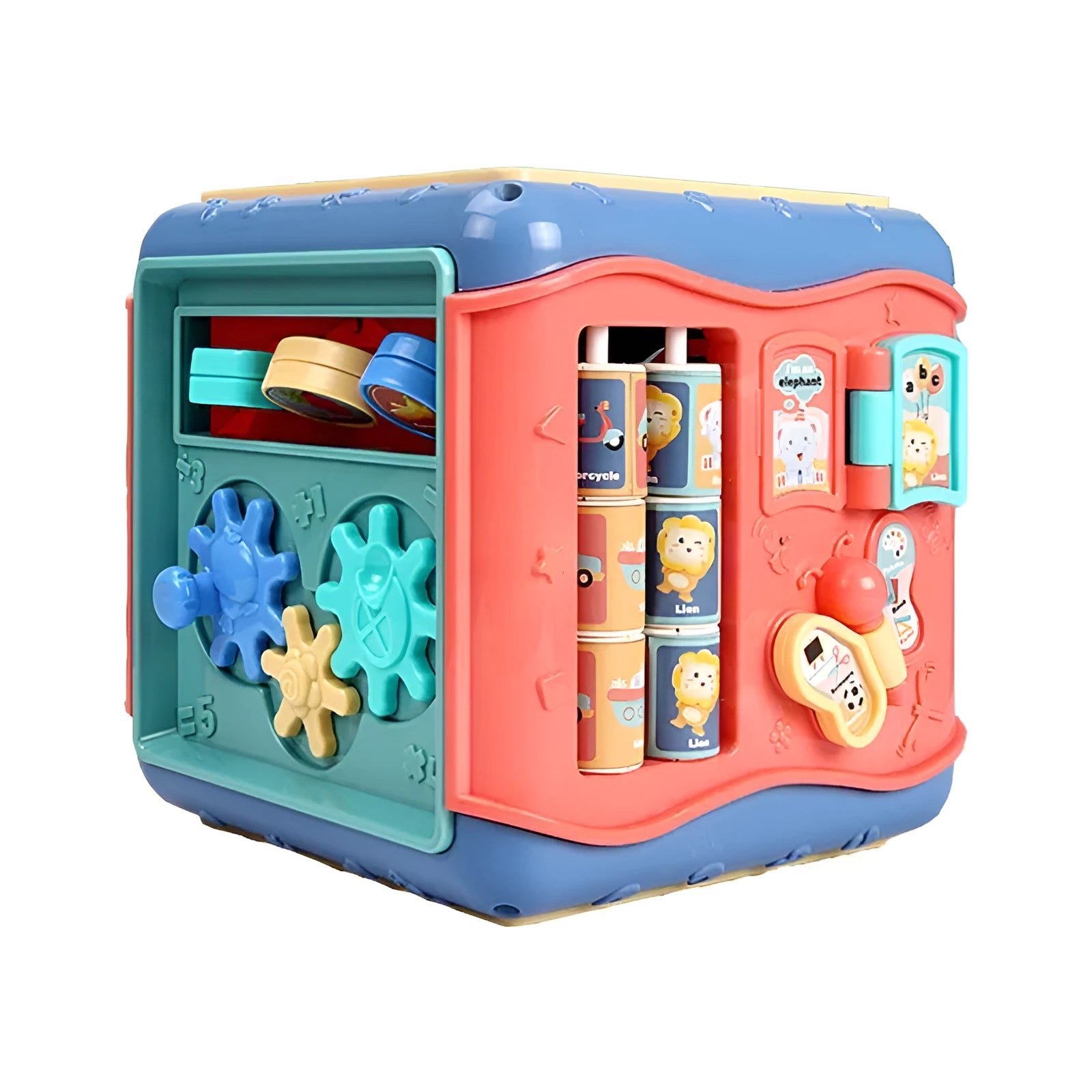 Six-sided baby hexahedron educational toy cube with bead maze and gears in multiple colours