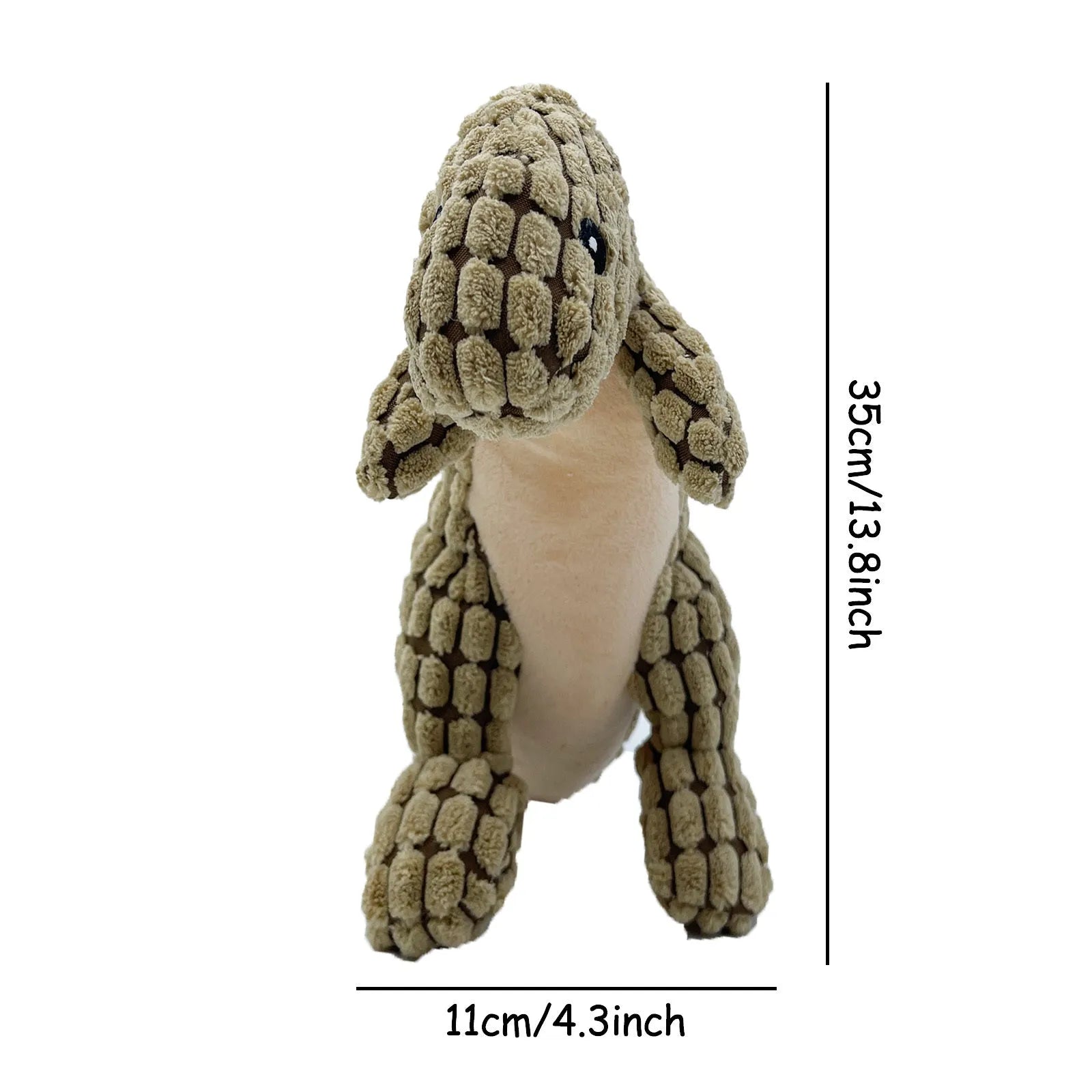 Set of four grey, green, and orange dog chew toys that produce sound, shown with size scale.