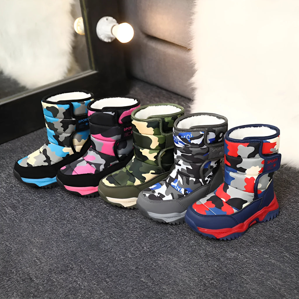 High-top camouflage unisex kids cotton shoes with hook and loop closure on a child