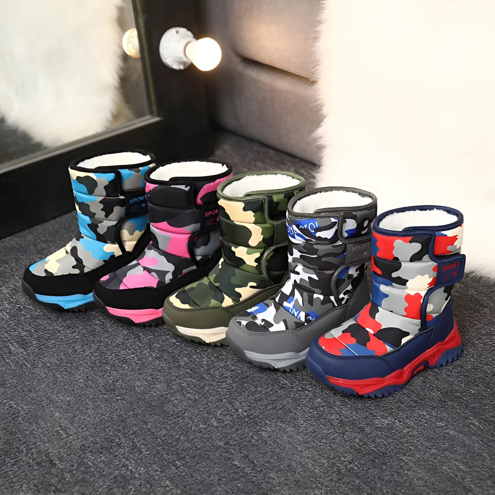 High-top camouflage unisex kids cotton shoes with hook and loop closure on a child