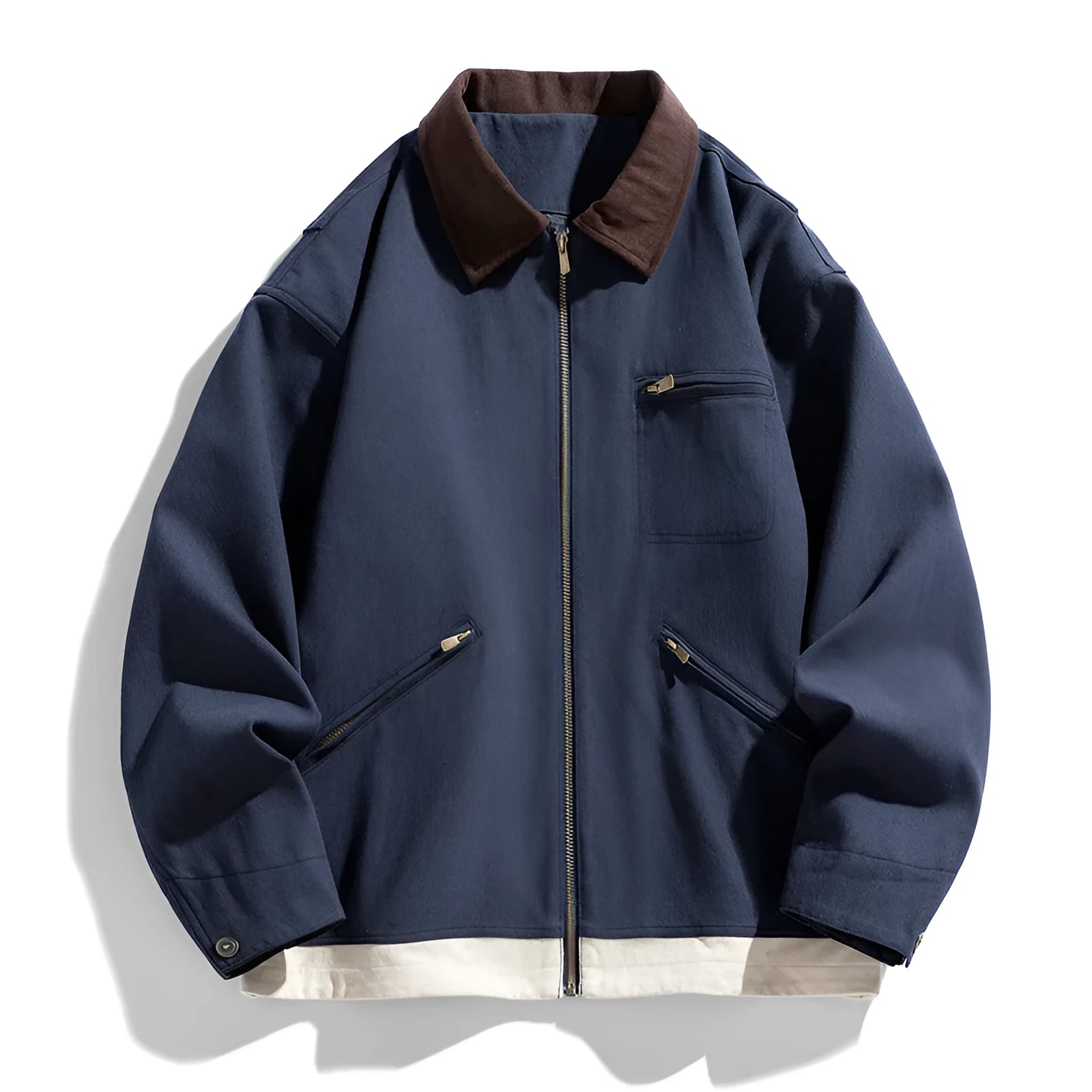 Men's loose fit Korean style autumn jacket with contrast colour lapels in polyester fabric.