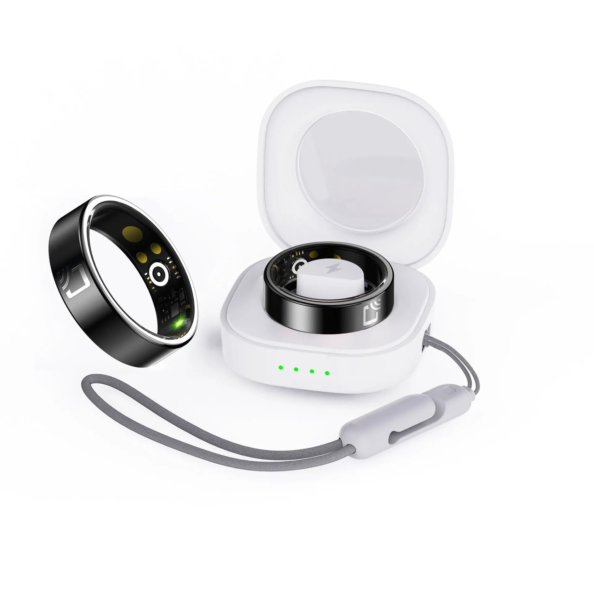 Black ceramic smart ring for heart rate, blood oxygen and sleep monitoring on a finger
