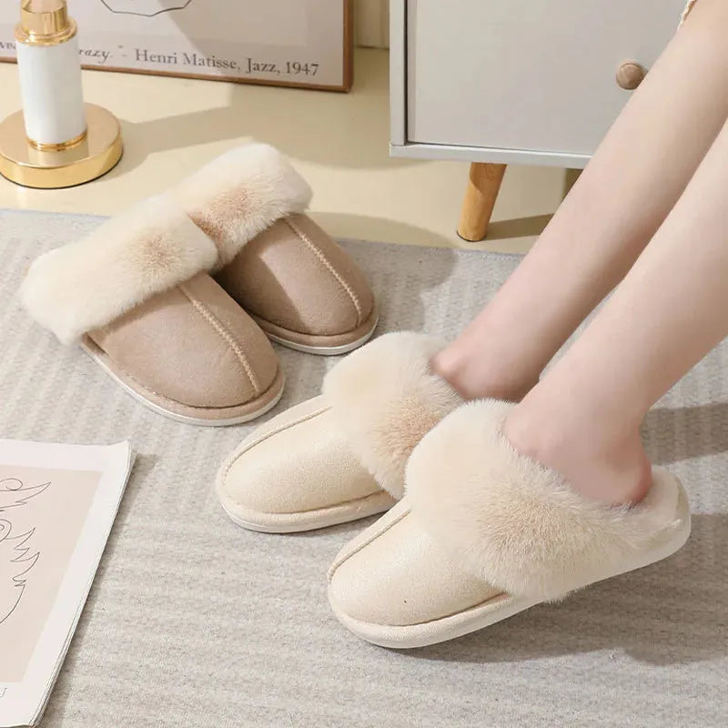 Women's brown plush indoor slippers with round toe, flat heel, and textured non-slip sole.