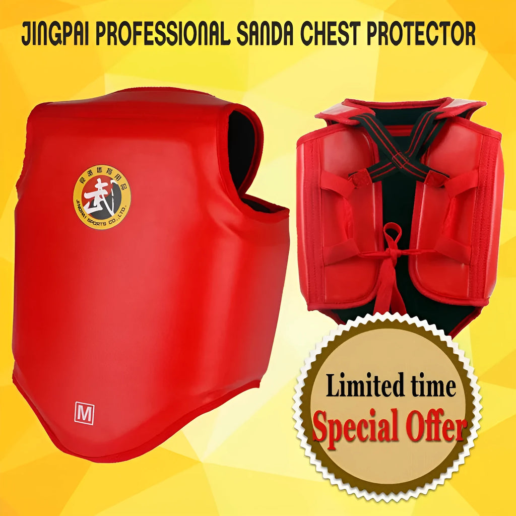Red boxing helmet and matching one-piece chest protector for training.