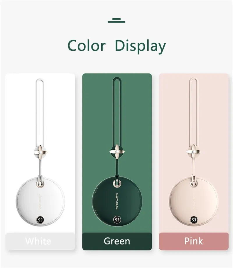 Green hand warmer power bank with digital display showing battery percentage, USB Type-C cable included