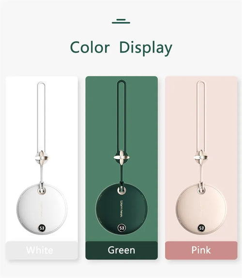 Green hand warmer power bank with digital display showing battery percentage, USB Type-C cable included