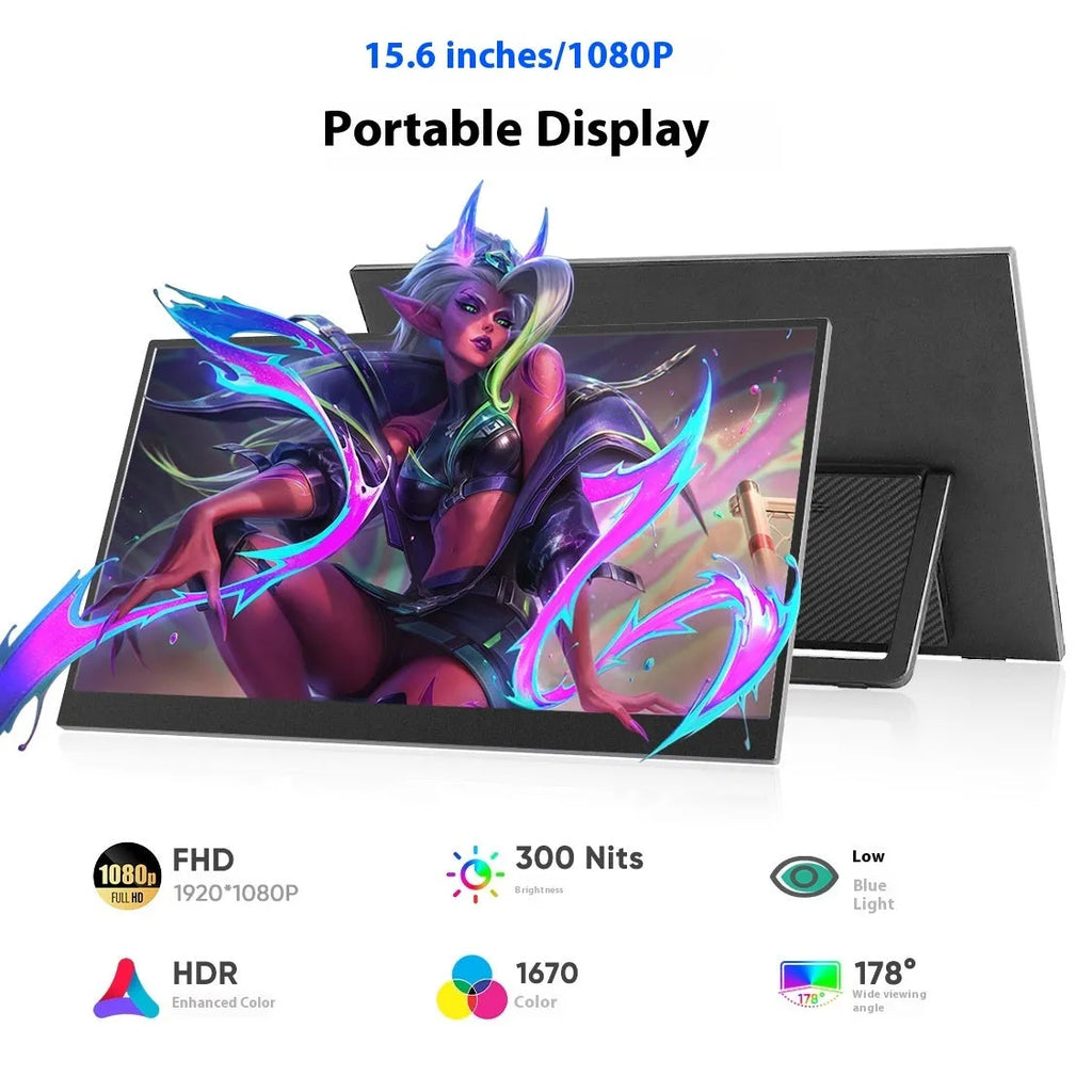 Black 15.6-inch portable monitor with adjustable stand shown with connectivity cables
