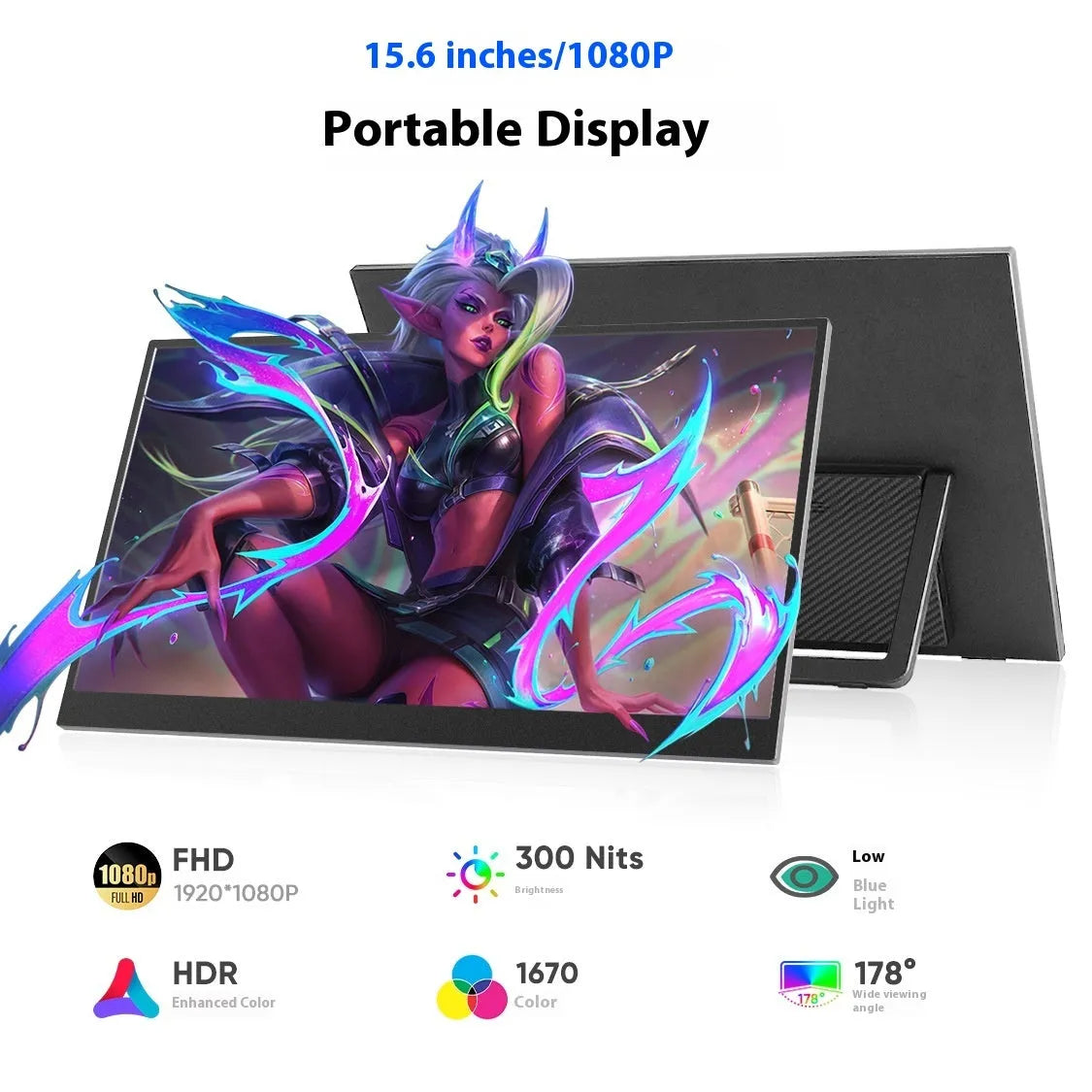 Black 15.6-inch portable monitor with adjustable stand shown with connectivity cables