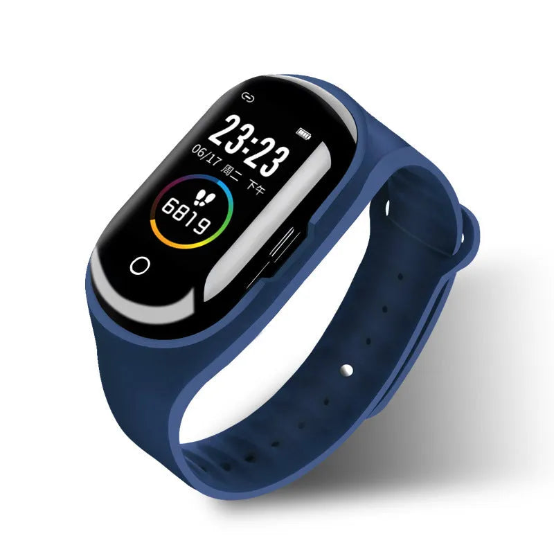 Smart bracelet earphone combo in black, blue, or red colours with a 1-inch screen on a silicone wristband