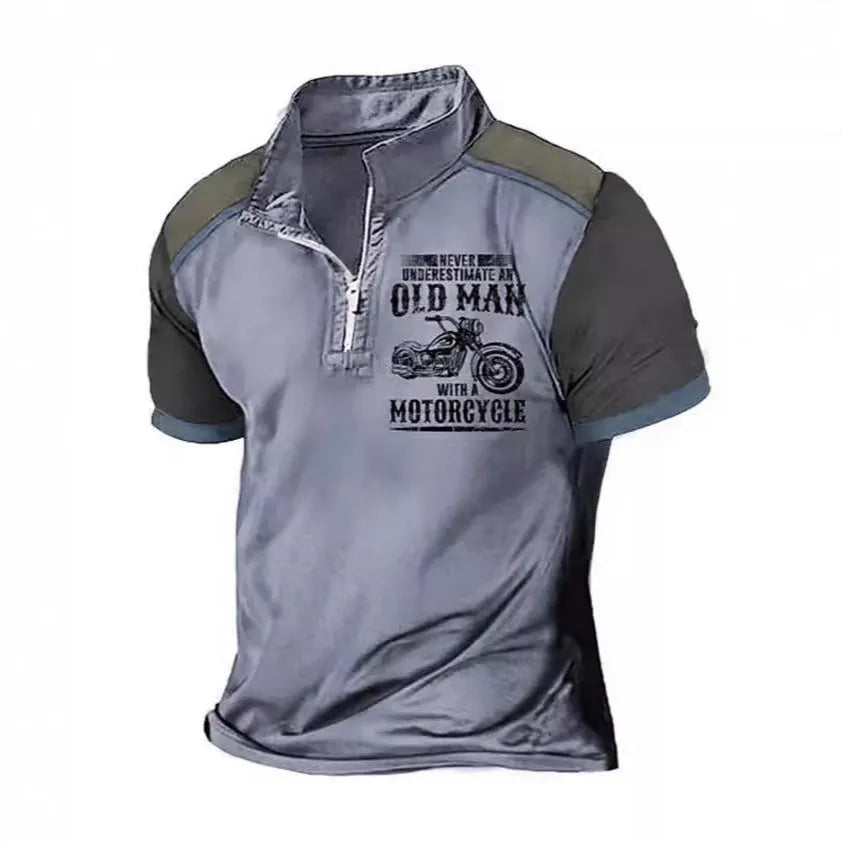 Men's casual polo shirt with digital letter printing and lapel, short sleeves, available in multiple colours and sizes.
