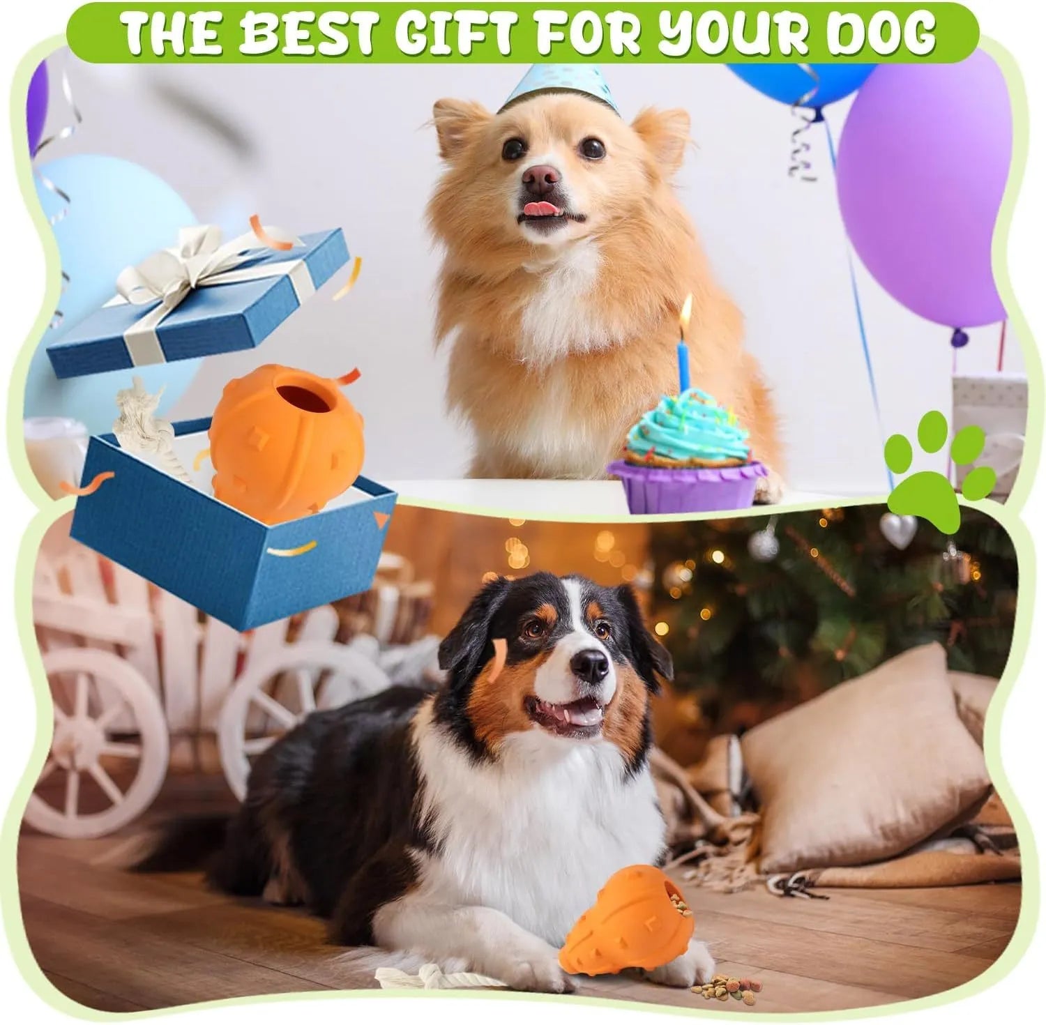 Natural rubber stuffable dog toy for small medium breeds, shown with treat filling and longer strap.