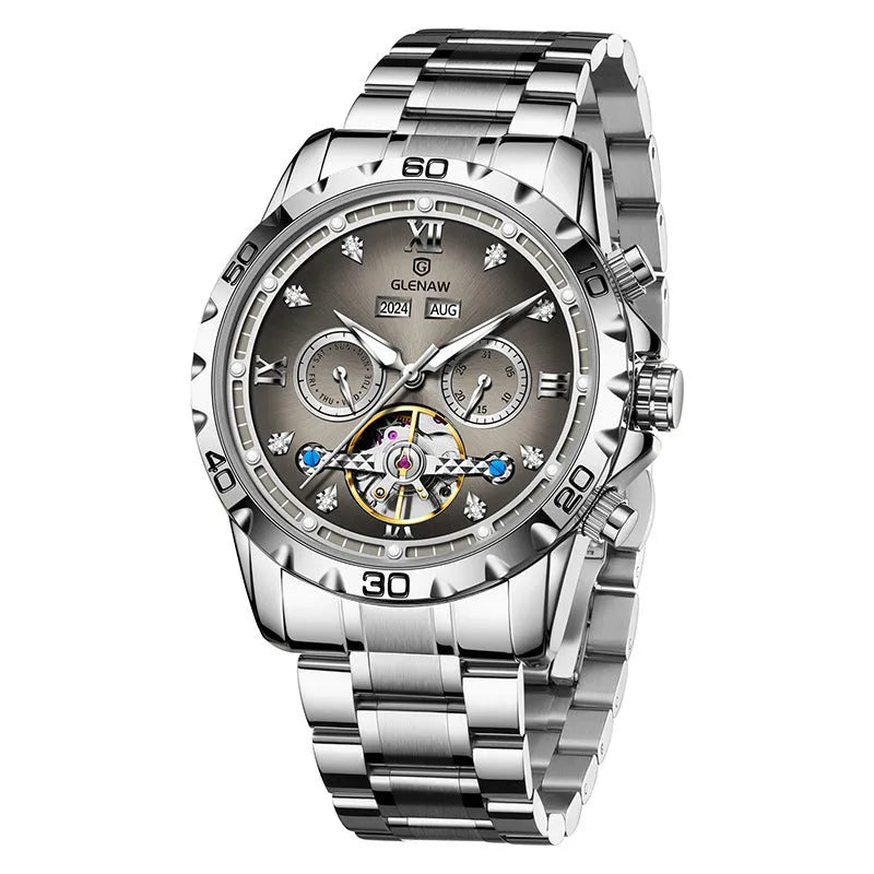 Men's automatic mechanical watch with stainless steel strap and mineral glass face in business style