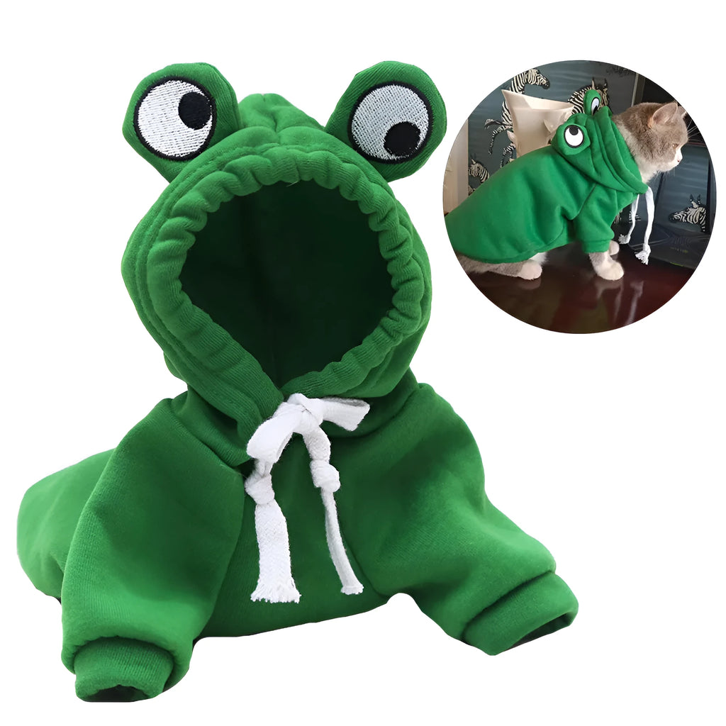 Green frog pattern hoodie costume on small dog with sweatshirt material and hood