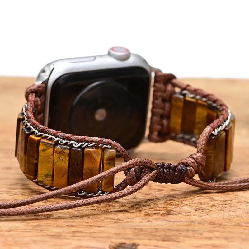 Rectangular tiger eye stone chain men's watch strap bracelet on textile band with adjustable clasp
