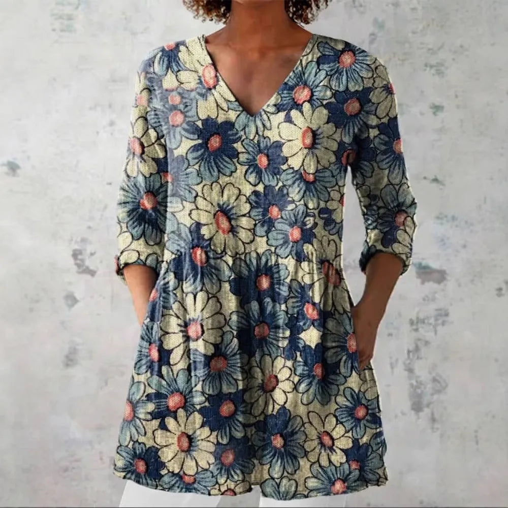 Women's retro slim-fit long-sleeved polyester top with digital printing in various colours
