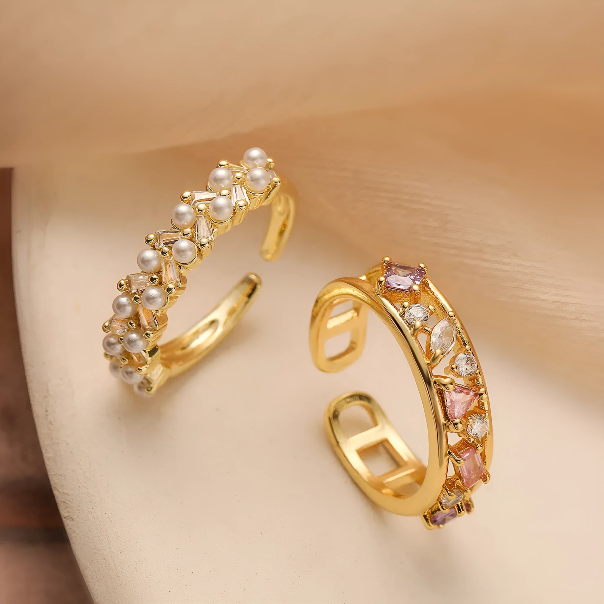 Women's gold plated geometric adjustable ring with zircon and pearl accents
