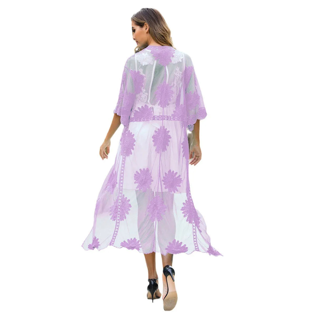Light purple lace embroidery beach cardigan dress for women, free size with cotton lining.