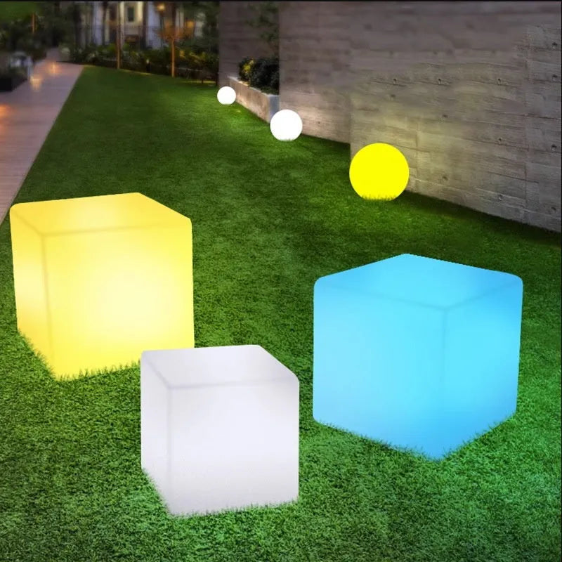 Modern LED cube light stool with waterproof IP65 rating for outdoor garden or patio use