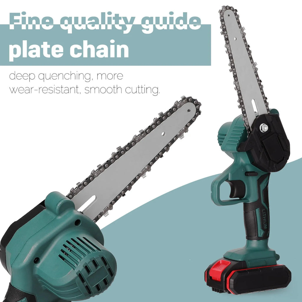 Black one-handed mini electric chainsaw with a 4-inch guide bar and lithium battery pack.