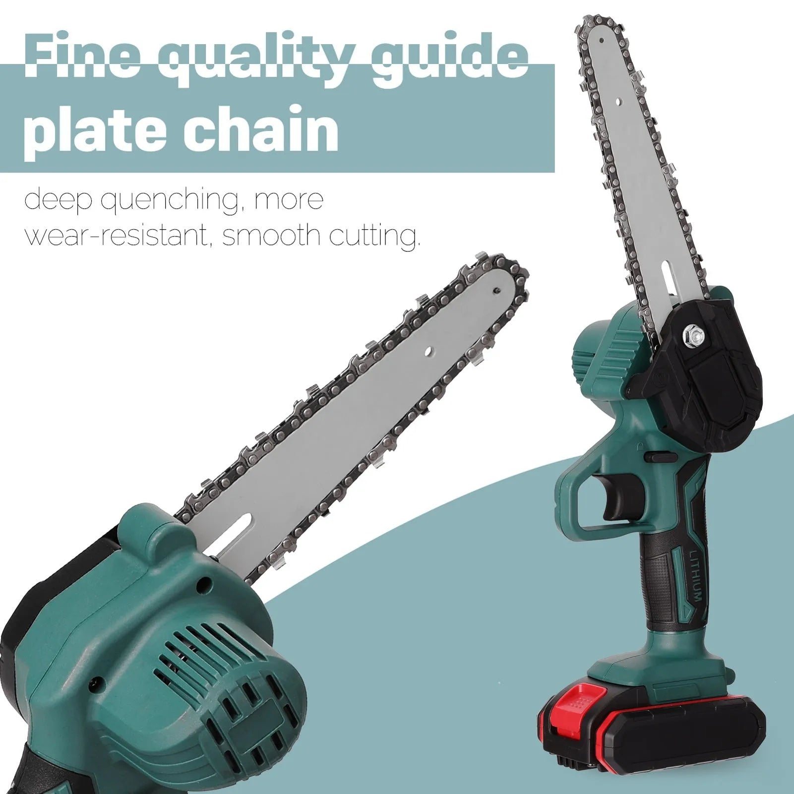 Black one-handed mini electric chainsaw with a 4-inch guide bar and lithium battery pack.