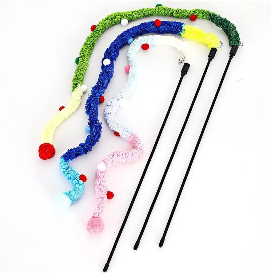 Blue cat wand toy with long plush strip and colourful fluffy ball with bell