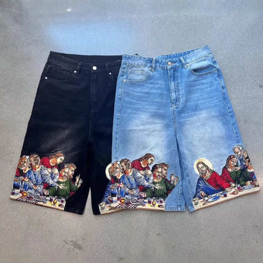 Men's blue cotton shorts with Jesus print on back pocket and tapered legs