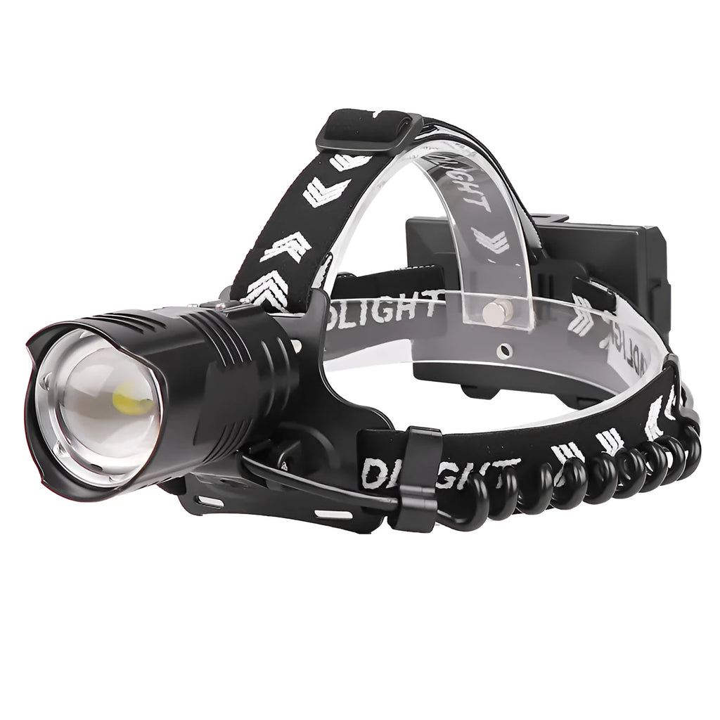 Black aluminium alloy USB rechargeable headlight with telescopic zoom front and power display.