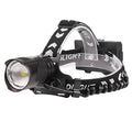 Black aluminium alloy USB rechargeable headlight with telescopic zoom front and power display.