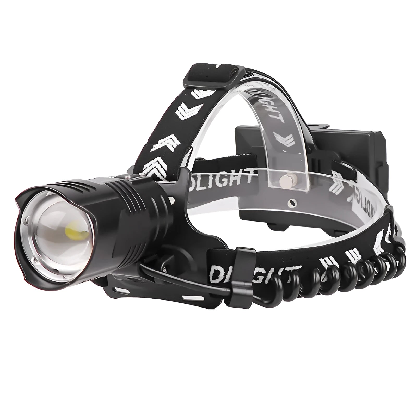 Black aluminium alloy USB rechargeable headlight with telescopic zoom front and power display.