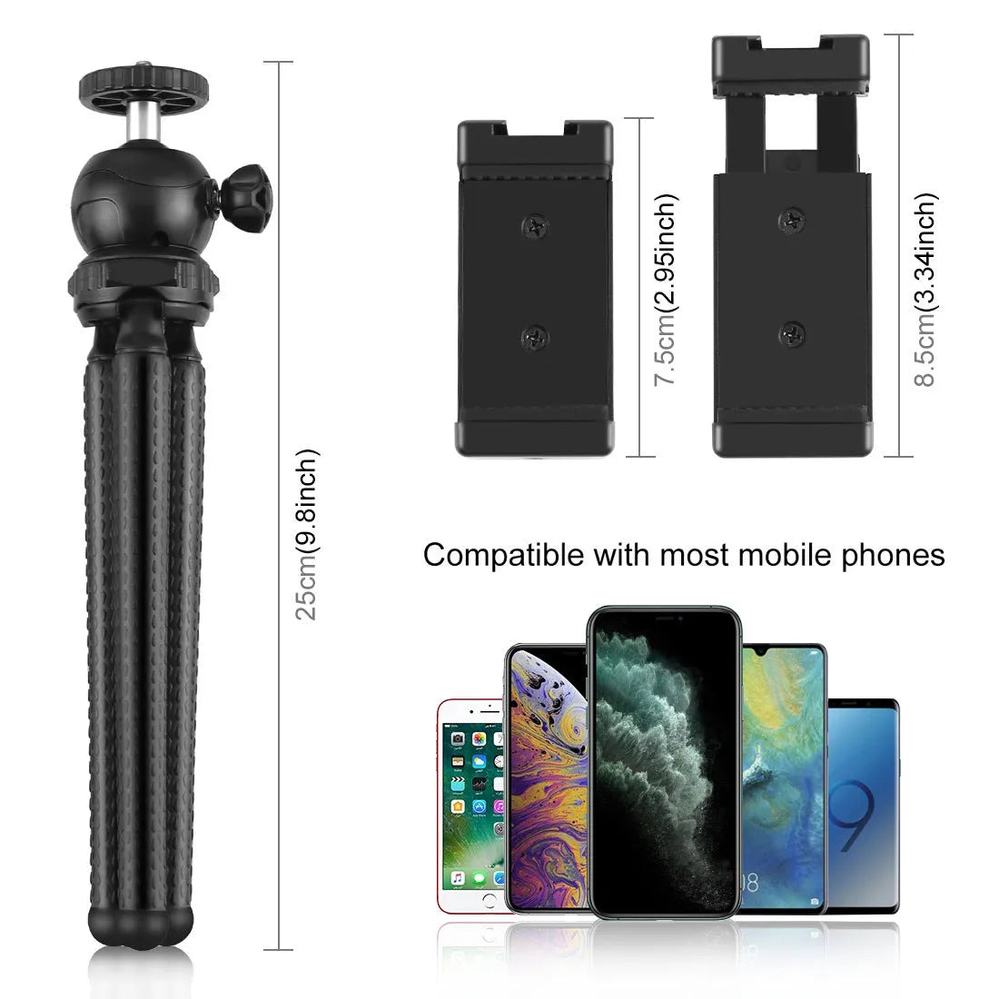 Black Octopus flexible tripod live broadcast kit with attached fill light and microphone on a table