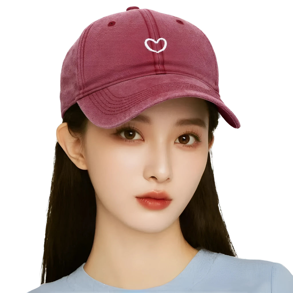Cotton baseball cap with an embroidered red Love heart on the front, shown in grey.